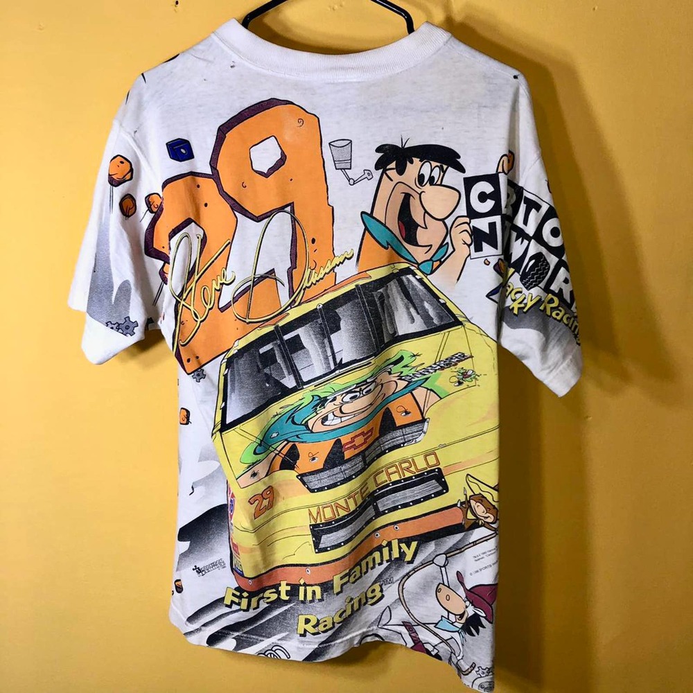 vintage 1996 NASCAR CARTOON NETWORK WACKY RACING FLINTSTONES AOP tee shirt M - Picture 3 of 4